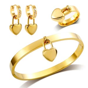 heart earrings rings bangle set